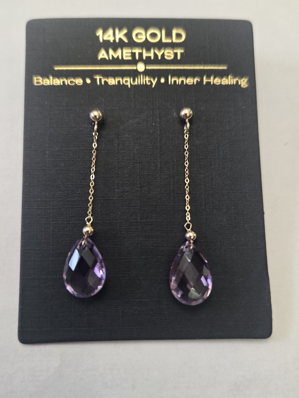 14K Solid Yellow  Gold Amethyst Teardrop Dangle Earrings - Purple